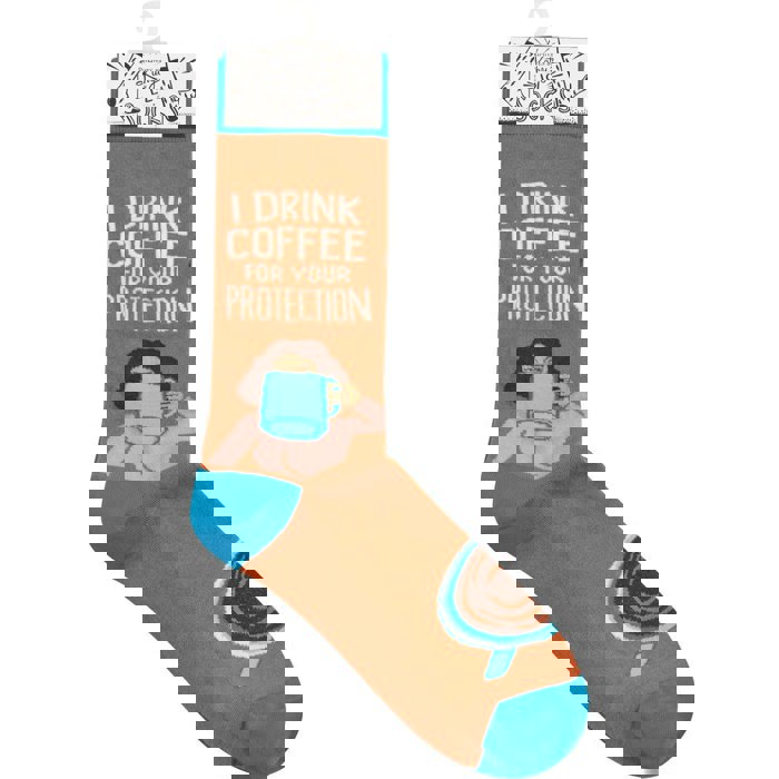 I Drink Coffee For Your Protection Funny Socks in Aqua Blue and Brown | Unisex
