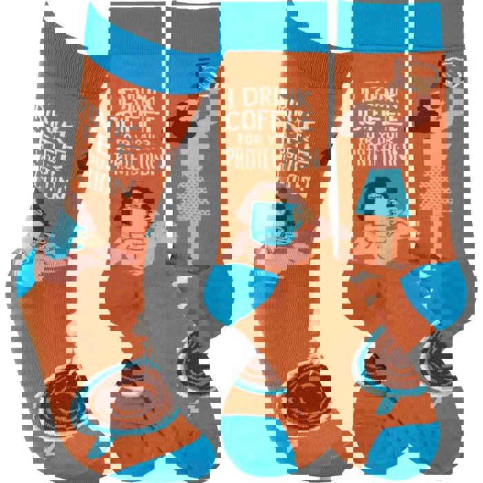 I Drink Coffee For Your Protection Funny Socks in Aqua Blue and Brown | Unisex