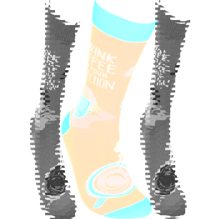 I Drink Coffee For Your Protection Funny Socks in Aqua Blue and Brown | Unisex