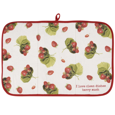 I Love Clean Dishes Berry Much Ultra-absorbent Drying Mat | Vintage Art of Wild Strawberries Dish Drainer Pad | 21" x 14"