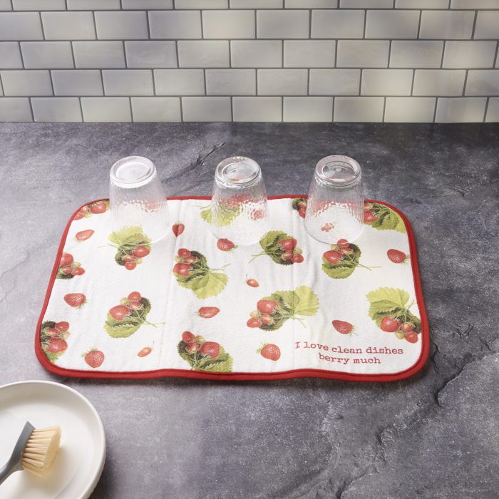 I Love Clean Dishes Berry Much Ultra-absorbent Drying Mat | Vintage Art of Wild Strawberries Dish Drainer Pad | 21" x 14"