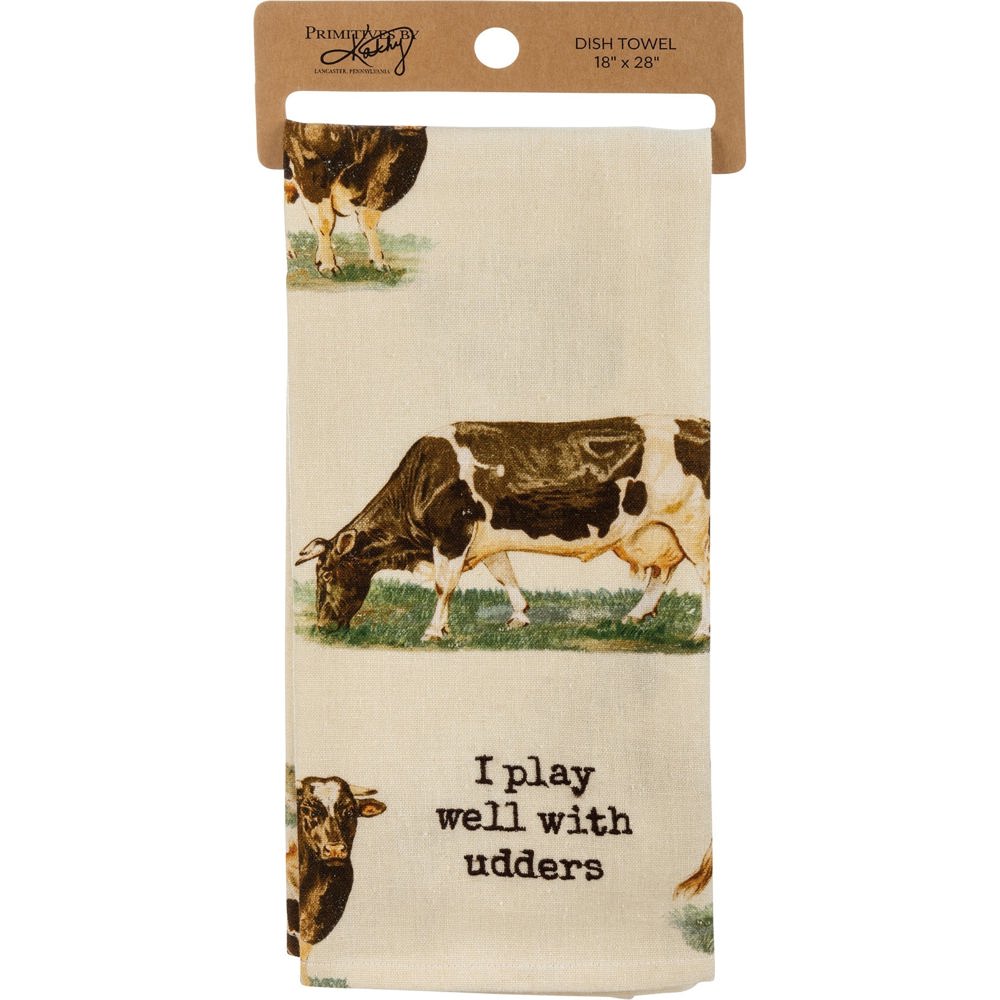 I Play Well With Udders Kitchen Towel | Vintage-inspired Cotten Linen Cow Design Hand Tea Dish Cloth | 18" x 28"