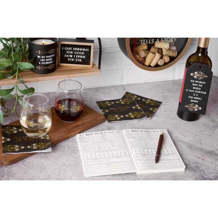 A Few Drinks Behind Wooden Bottle Tag in Black and Gold Art Deco | Wine Bottle Gift Tag