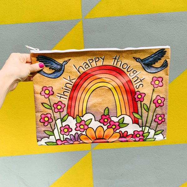 Jumbo Pouch Think Happy Thoughts Zipper Folder in Rainbow and Flowers Design | Organizer Pouch Recycled Material | 14.25" x 10"