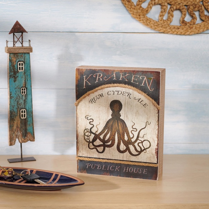 Kraken Publick House Box Sign | Rustic Wooden Nautical Themed Decor | 8" x 10"