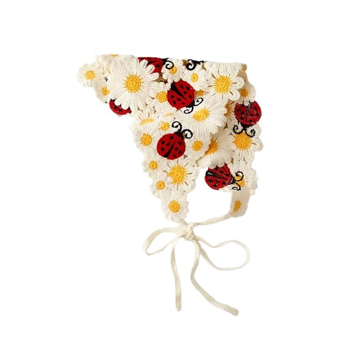 Ladybug Crochet Kerchief | Knit Tie Boho Headscarf in Cream and Red