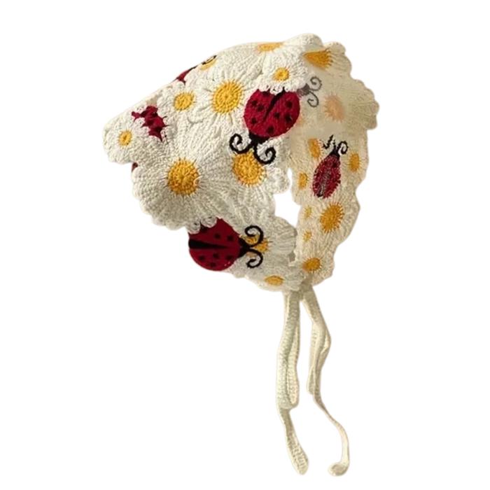 Ladybug Crochet Kerchief | Knit Tie Boho Headscarf in Cream and Red