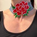  Large Rose Distressed Denim Choker Necklace