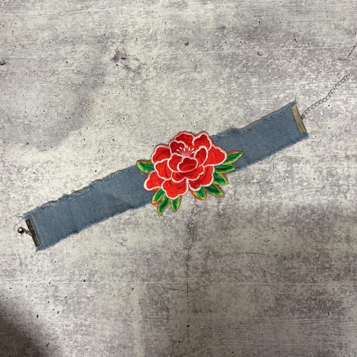 Large Rose Distressed Denim Choker Necklace