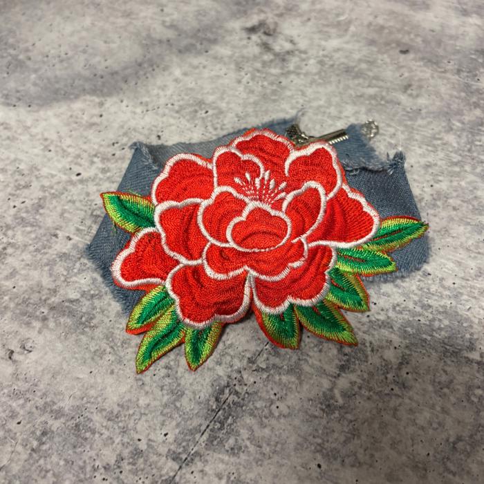 Large Rose Distressed Denim Choker Necklace