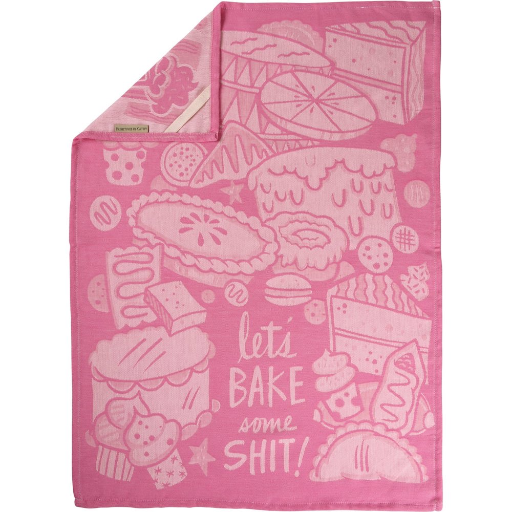 Let's Bake Some Shit Woven Pink Funny Snarky Dish Cloth Towel | Ultra Soft and Absorbent Jacquard | All-Over Design | Unfolds 20" x 28" | Giftable