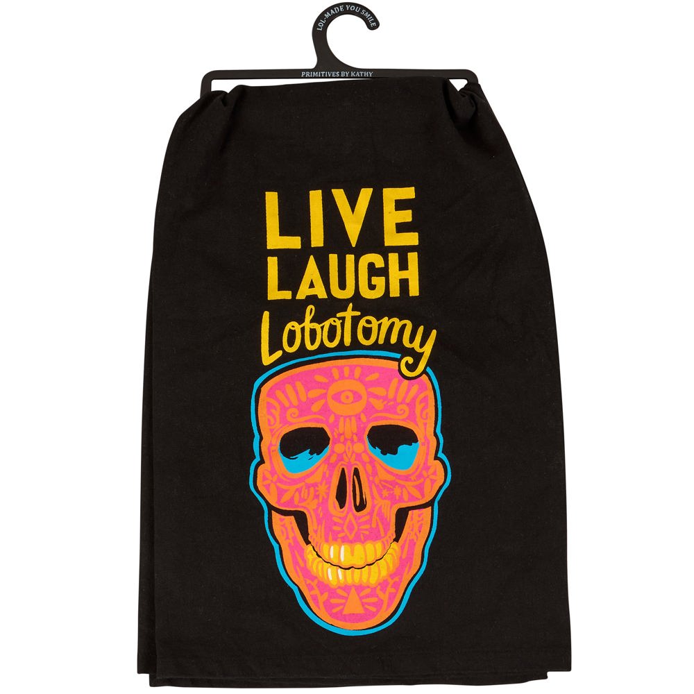 Live Laugh Lobotomy Kitchen Towel | Black Cotton Halloween Themed Tea Dish Cloth | 28" x 28"