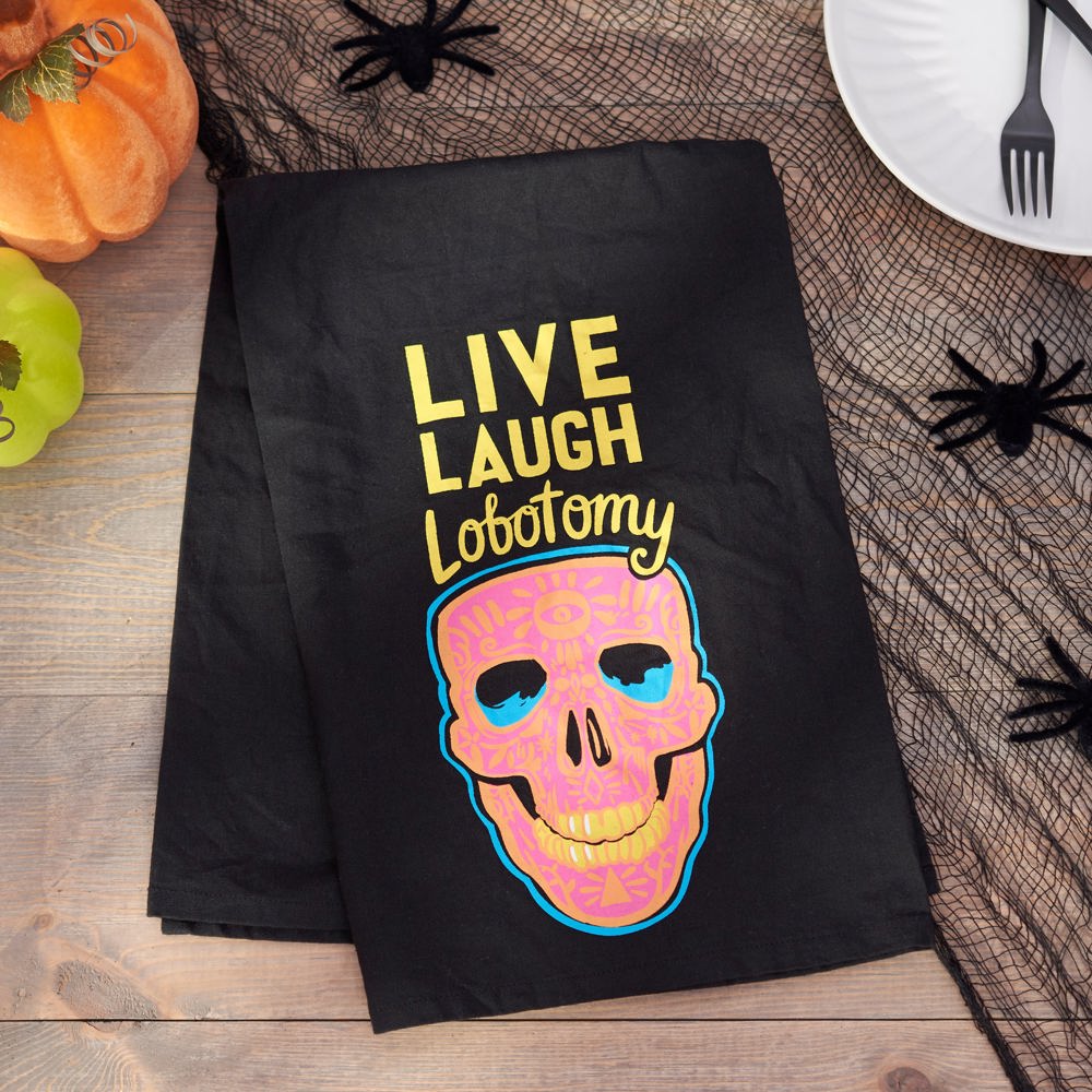 Live Laugh Lobotomy Kitchen Towel | Black Cotton Halloween Themed Tea Dish Cloth | 28" x 28"