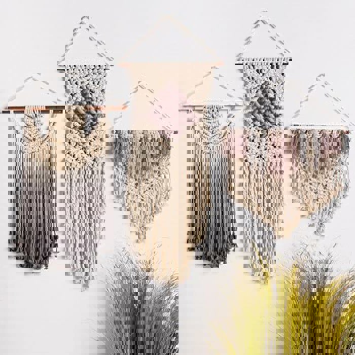 Macramé Woven Mid-Size Swag Wall Hanging | Dip-Dye Gray Ombré Knotted Fiber Art | 16" x 17"