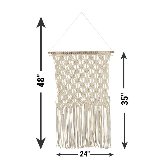 Extra Large Ivory Fringe Hand Knotted Macrame Wall Hanging | 24" x 35"