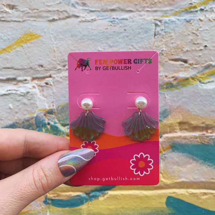 Mermaid Shell Earrings | Iridescent Seashell Drops with Pearl Accent