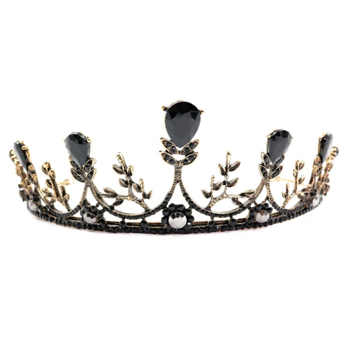 Midnight Blossom Tiara Crown in Gold with Black Gems | Dark Princess Gothic Halloween Crown Party or Bridal Hair Accessory