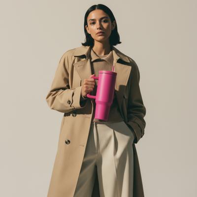 40 oz Raspberry Monochrome Tumbler with Handle and Straw Lid | Cup Holder Friendly Insulated Stainless Steel Travel Mug