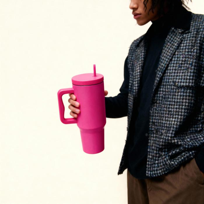 40 oz Raspberry Monochrome Tumbler with Handle and Straw Lid | Cup Holder Friendly Insulated Stainless Steel Travel Mug