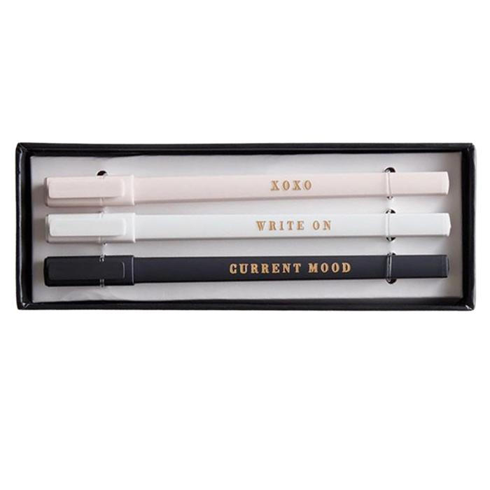 Mood Soft Touch Pen Set | Set of 3 Giftable Pens in Box | XOXO, Write On, Current Mood | Refillable