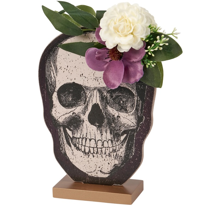 Moody Floral Skull Stand Up | Double-sided Wooden Stand-up Halloween Decor | 5.25" x 7"