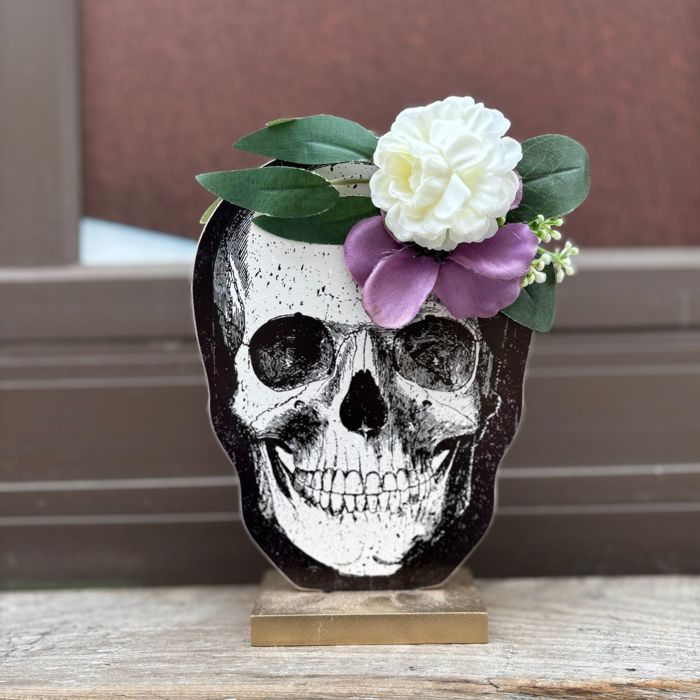 Moody Floral Skull Stand Up | Double-sided Wooden Stand-up Halloween Decor | 5.25" x 7"