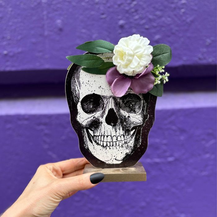 Moody Floral Skull Stand Up | Double-sided Wooden Stand-up Halloween Decor | 5.25" x 7"