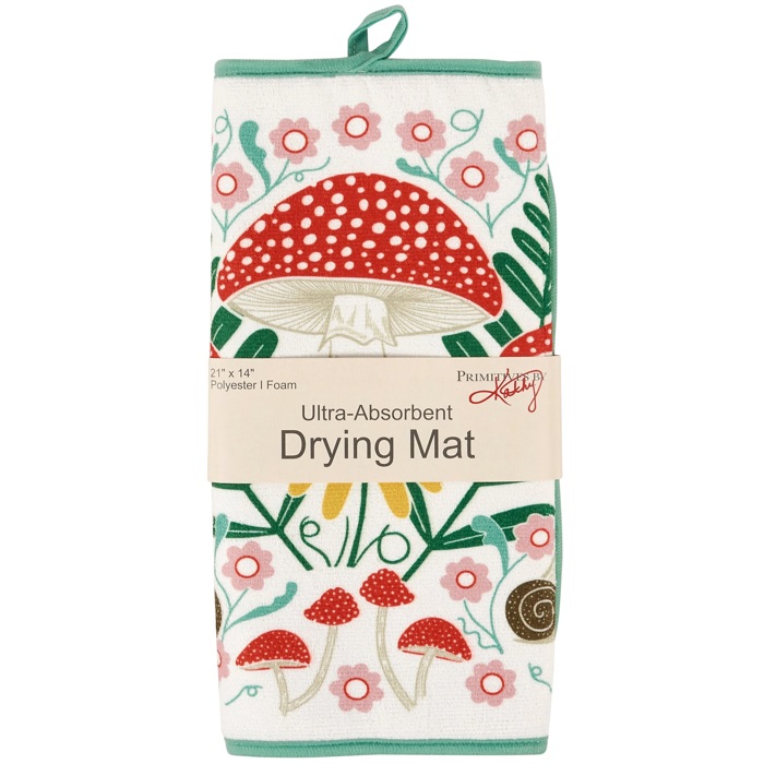Mushroom Art Ultra-Absorbent Drying Mat | Rustic Nature-themed Dish Drainer Pad | 21" x 14"
