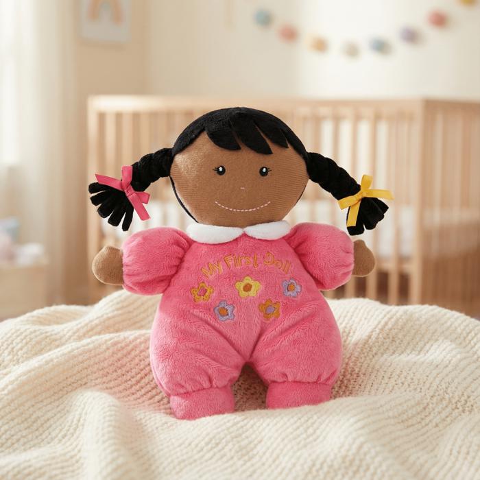Baby's First Doll in Hot Pink | Soft Plush 8" Brown Skin Doll | Baby Gift 1st Doll 