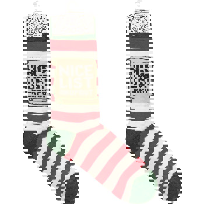 Nice List Dropout Socks | Holiday Themed Red White Stripes Novelty Socks