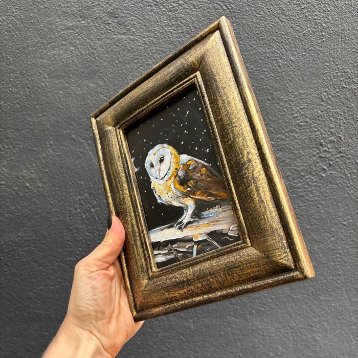 Night Barn Owl Framed Art | Halloween Vintage Style Desk Room Home Decor | 7" x 8.75"