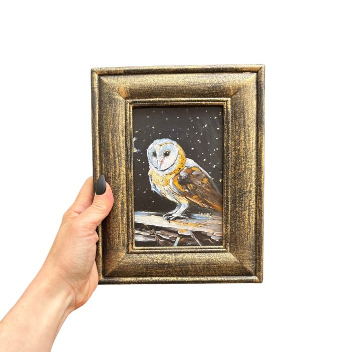 Night Barn Owl Framed Art | Halloween Vintage Style Desk Room Home Decor | 7" x 8.75"