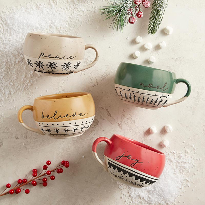 Noel Cozy Stoneware Mug | Christmas Design Barrel Shape Coffee Cup | 16 oz