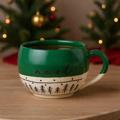 Noel Stoneware Artisanal Christmas Mug in Green