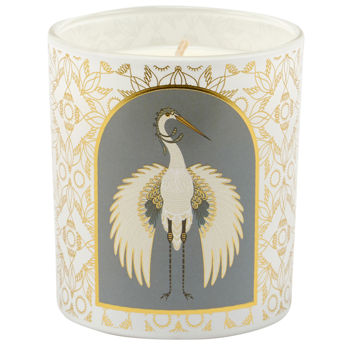 Nouveau Crane Sage Scent Jar Candle | Bird Pattern Metallic Gold Accent Frosted Glass | 35hrs Burn Time