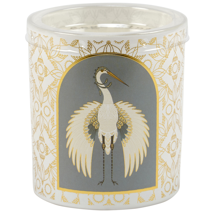 Nouveau Crane Sage Scent Jar Candle | Bird Pattern Metallic Gold Accent Frosted Glass | 35hrs Burn Time