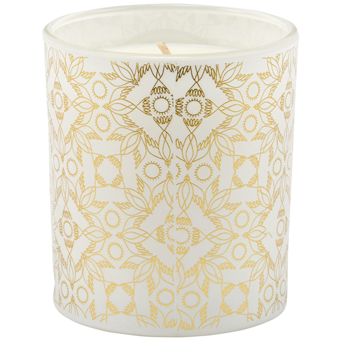 Nouveau Crane Sage Scent Jar Candle | Bird Pattern Metallic Gold Accent Frosted Glass | 35hrs Burn Time