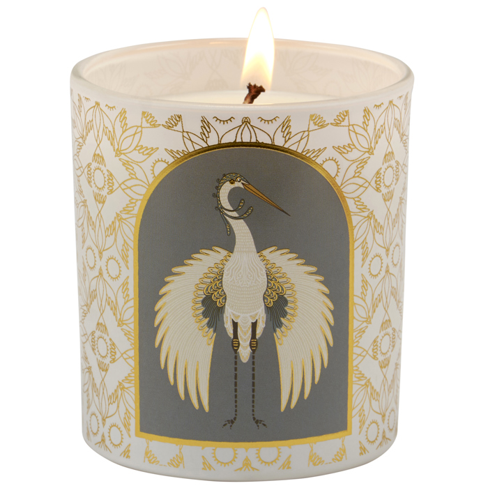 Nouveau Crane Sage Scent Jar Candle | Bird Pattern Metallic Gold Accent Frosted Glass | 35hrs Burn Time