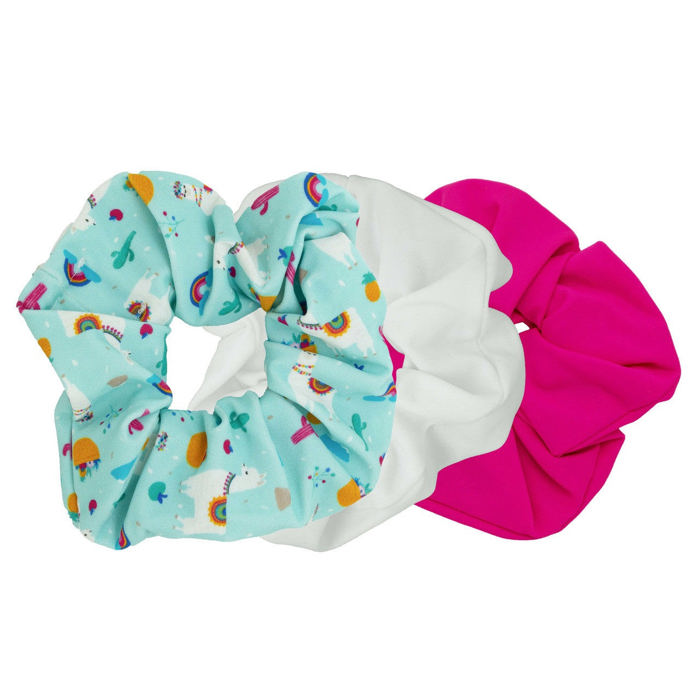 3 Pack Happy Llama Scrunchies | 80s Hair Tie Set in Blue Pink White