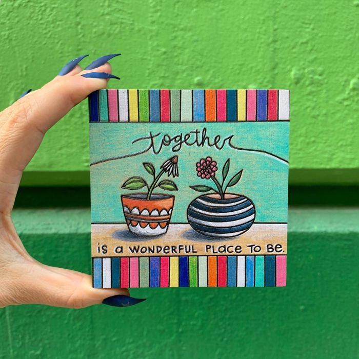 Together Is A Wonderful Place To Be Inspo Block Sign | Woodburned Plant Design | 4" x 4" Plant Lover BFF Couple Gifts 