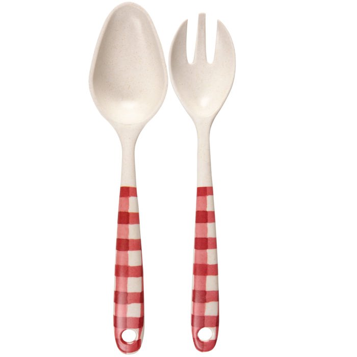 Red Gingham Large Serving Utensil Set | Rustic Checkered Spoon and Fork Rustic Tableware Set, Salad Servers | Cottagecore Bamboo and Melamine 