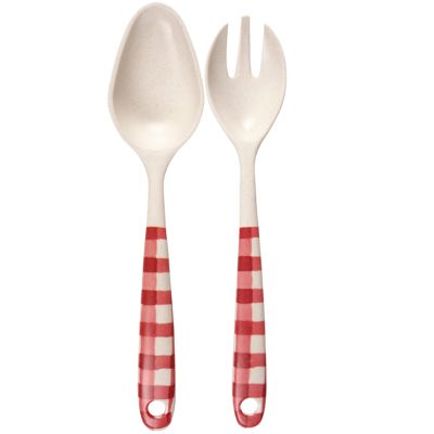 Red Gingham Large Serving Utensil Set | Rustic Checkered Spoon and Fork Rustic Tableware Set, Salad Servers | Cottagecore Bamboo and Melamine 