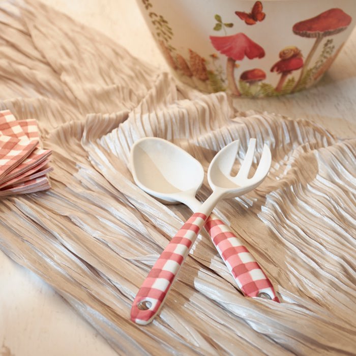 Red Gingham Large Serving Utensil Set | Rustic Checkered Spoon and Fork Rustic Tableware Set, Salad Servers | Cottagecore Bamboo and Melamine 