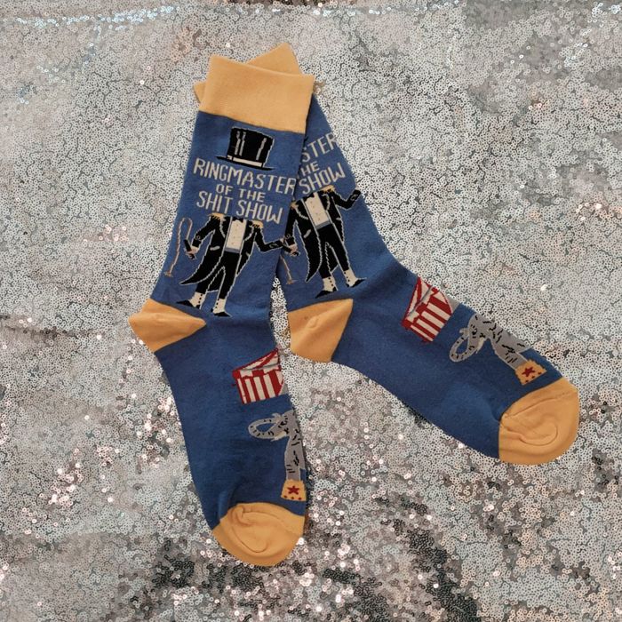 Ringmaster Of The Shit Show Funny Socks | Blue Circus Graphic Crew Socks