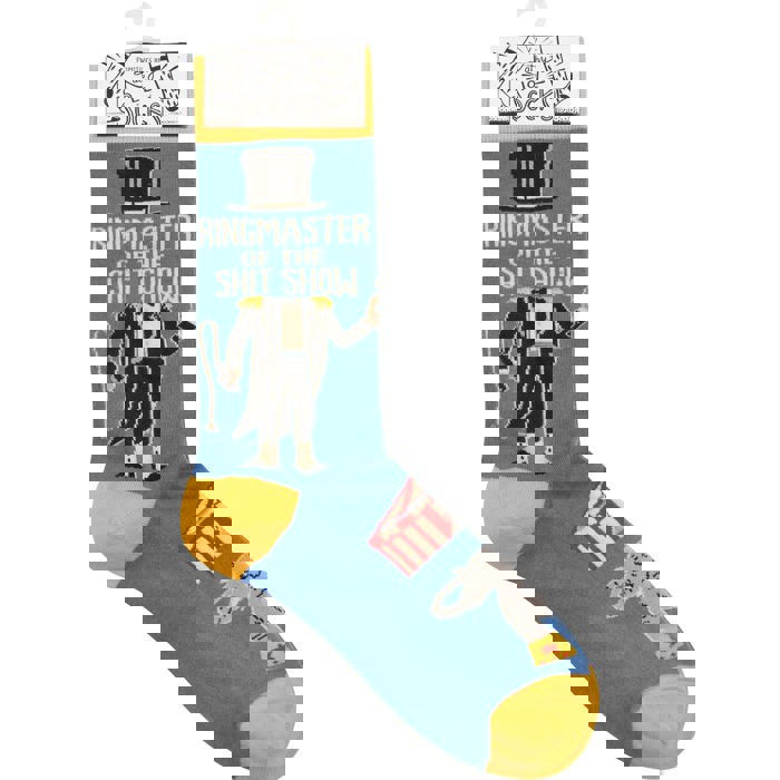 Ringmaster Of The Shit Show Funny Socks | Blue Circus Graphic Crew Socks