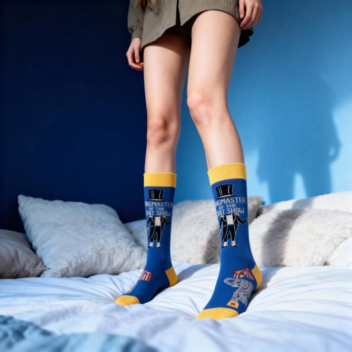 Ringmaster Of The Shit Show Funny Socks | Blue Circus Graphic Crew Socks