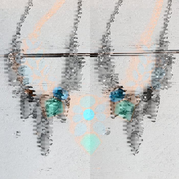 Robin Blue Statement Necklace in Teal, Aqua and Light Blue