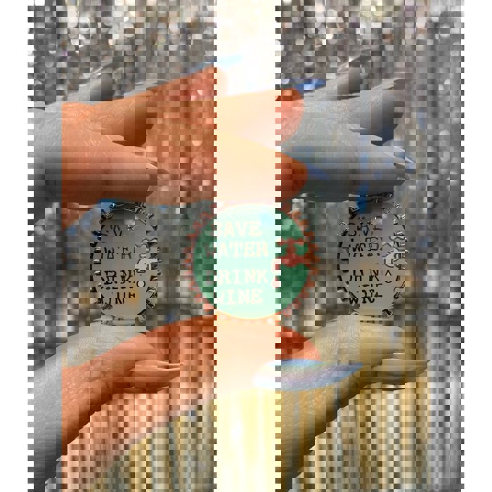 Save Water Drink Wine Pink and Green Enamel Pin on Gift Card