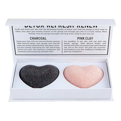 Self Love Heart Konjac Sponge Set in Pink Clay & Bamboo Charcoal | Skin Detoxifying Exfoliation All-Natural Scrub Sponges