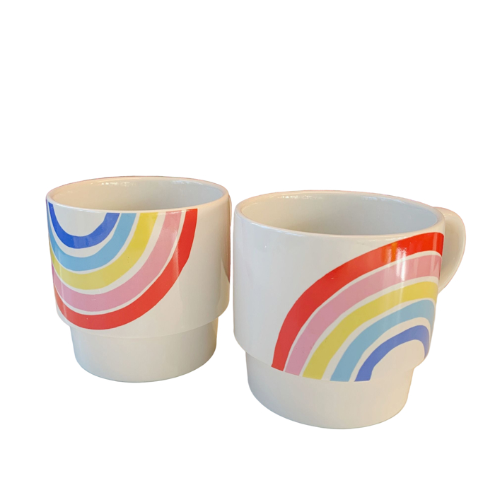 Set of 2 Rainbow Stacking Mugs | Giftable Ceramic Mug Set | Couples Romantic His and Hers '70s Groovy Style